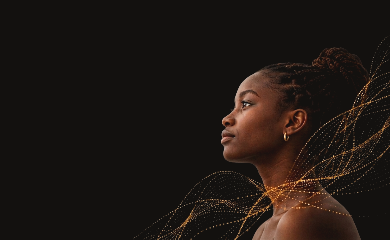 A young African woman in profile with flowing gold data-wave strands